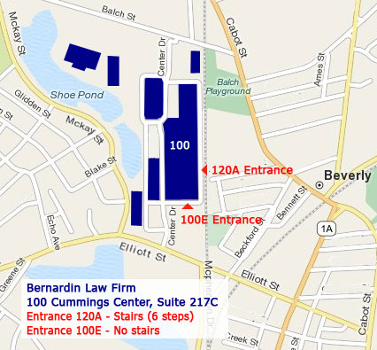 Map to bernardin Law Firm, 100 CUmmming Center, Suite 217C, Beverly Massachusetts
